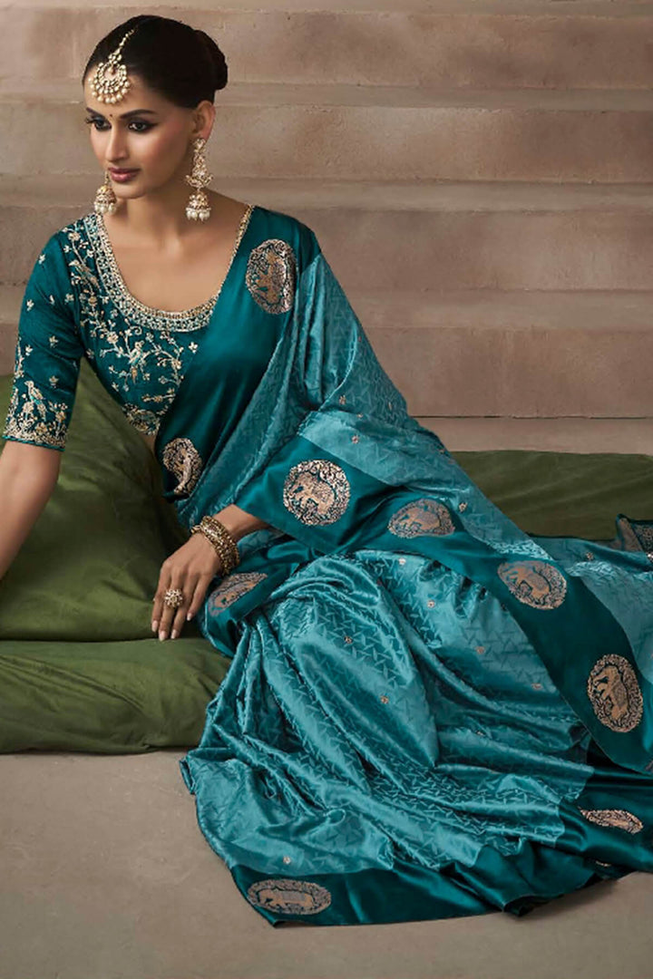 Sherpa Blue Zari Woven Satin Silk Saree With Heavy Embroidery Blouse Piece
