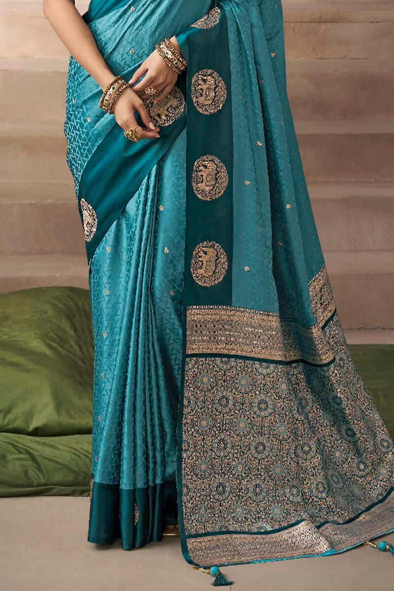 Sherpa Blue Zari Woven Satin Silk Saree With Heavy Embroidery Blouse Piece