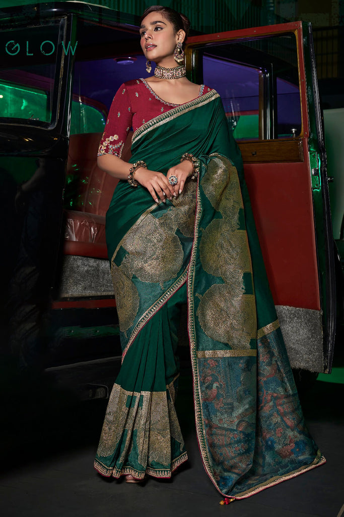 Sherwood Green Pure Silk Saree With Fancy Lace Border and Embroidery Blouse