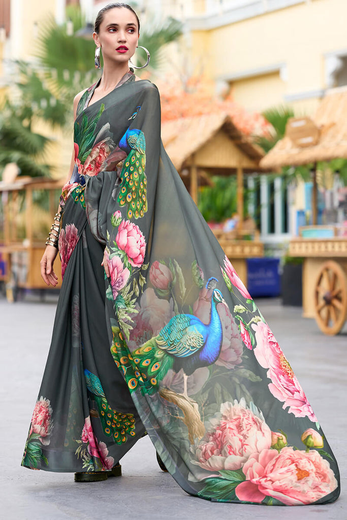 Shuttle Grey Printed Georgette Silk Saree