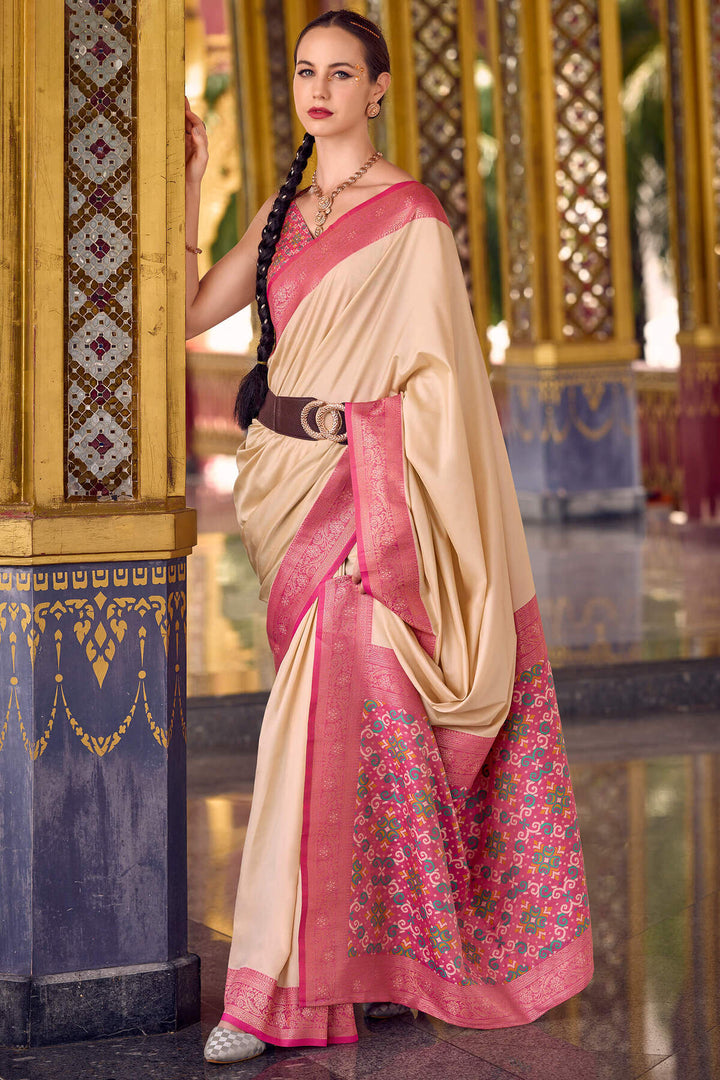 Silken Beige Zari Woven Soft Silk Saree