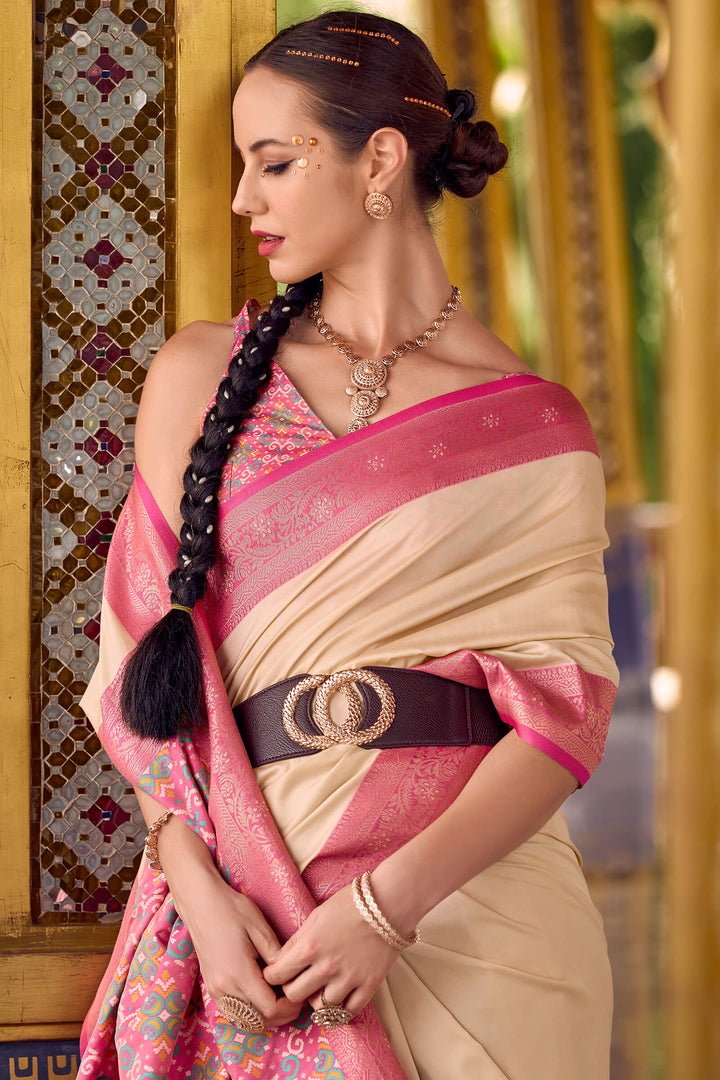 Silken Beige Zari Woven Soft Silk Saree