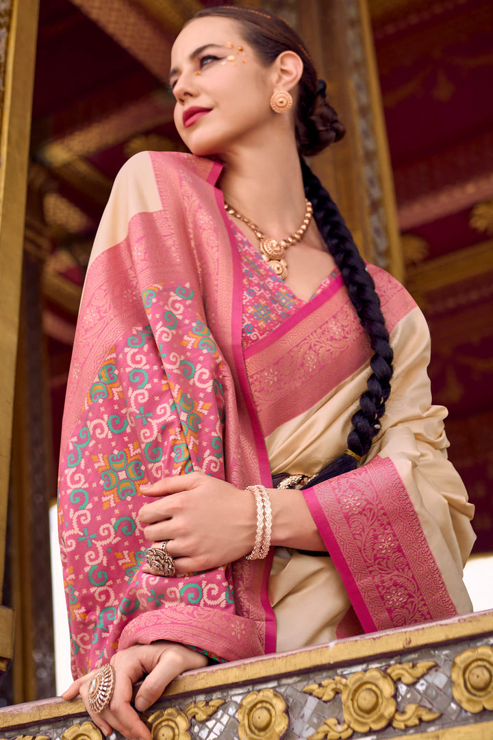 Silken Beige Zari Woven Soft Silk Saree