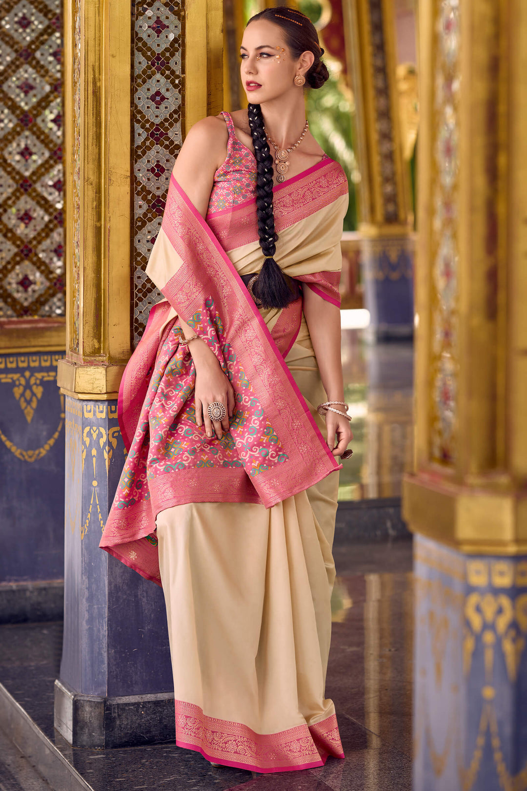 Silken Beige Zari Woven Soft Silk Saree