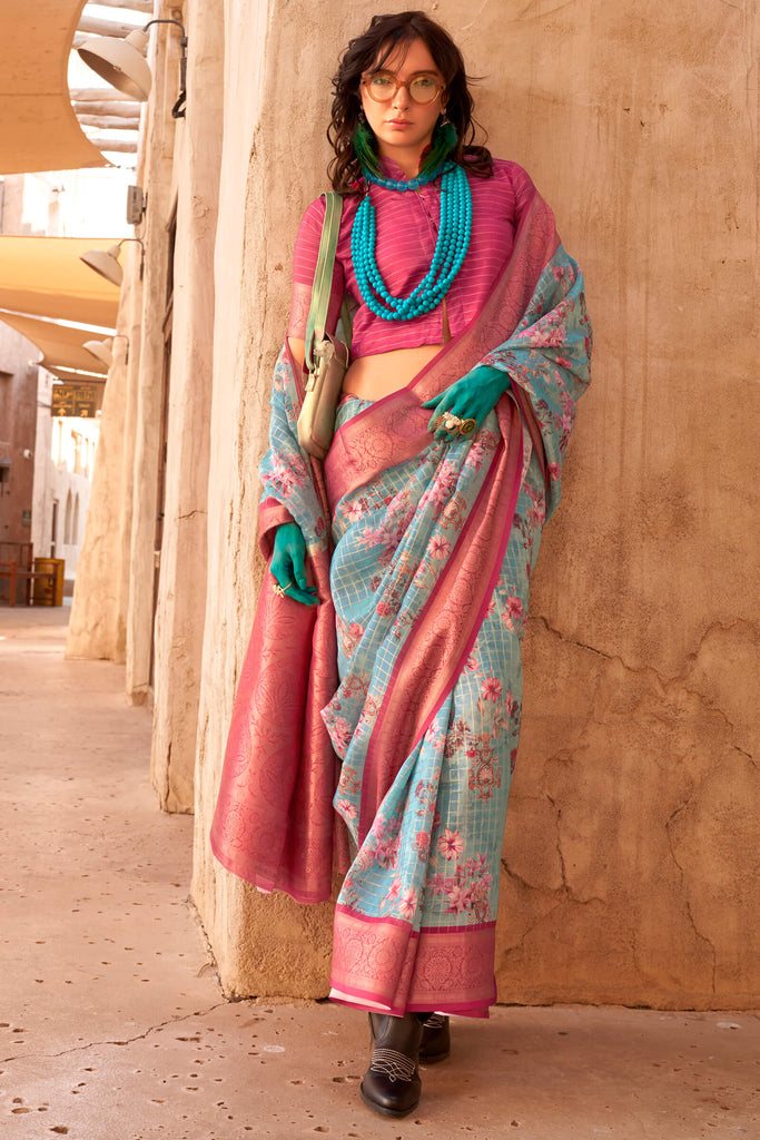 Sky and Pink Zari Woven Printed Georgette saree
