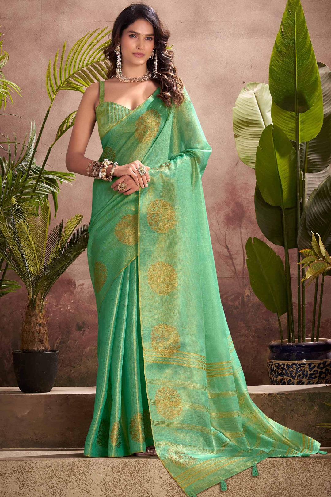 Slate Green Tissue Silk Saree
