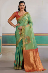 Slate Green Zari Woven Banarasi Silk Saree