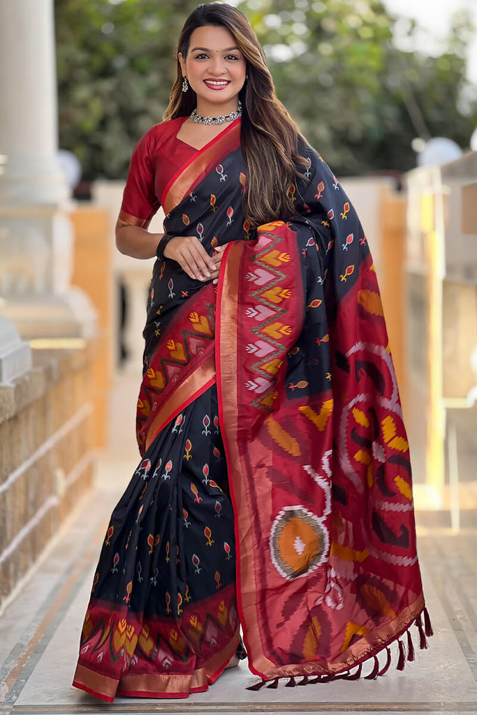 Smoky Black Ikkat Weaving Soft Silk Saree