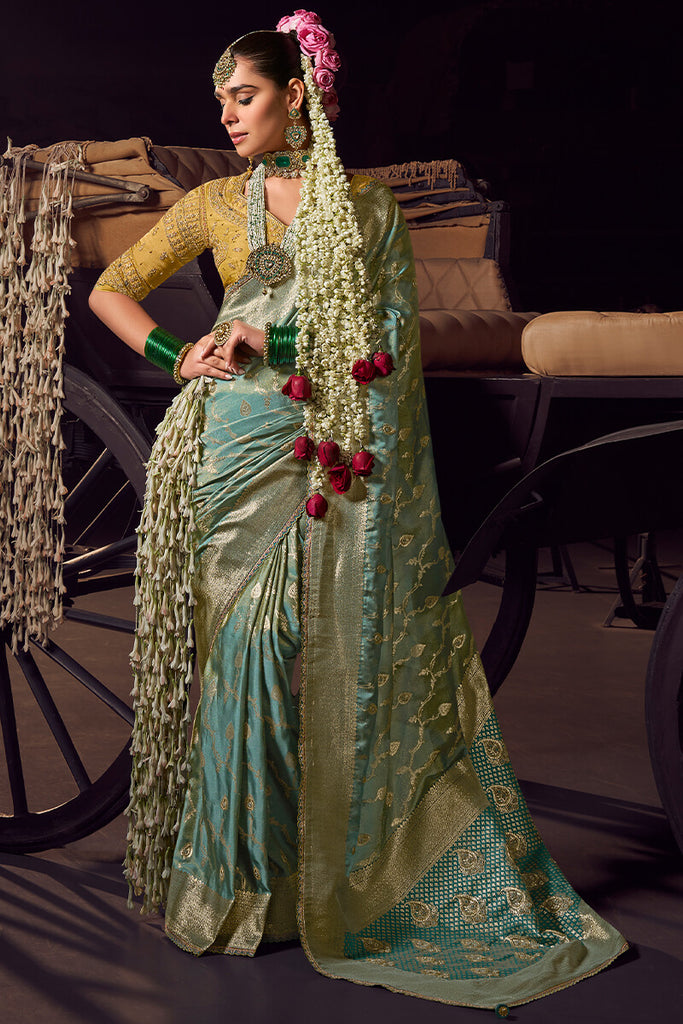 Spanish Green Pure Viscose Tissue Silk Hand Worked Saree