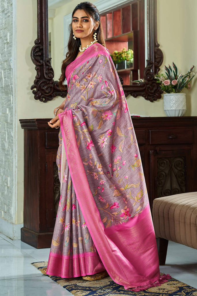 Spicy Pink Handloom Woven Digital Printed Soft Silk Saree