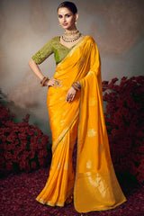Squash Yellow Banarasi Silk Saree with Designer Blouse Piece