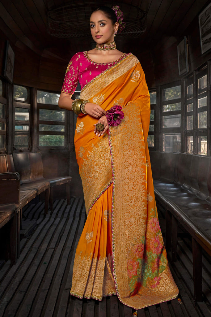 Squash Yellow Soft Dola Viscose Saree With Embroidery Blouse Piece
