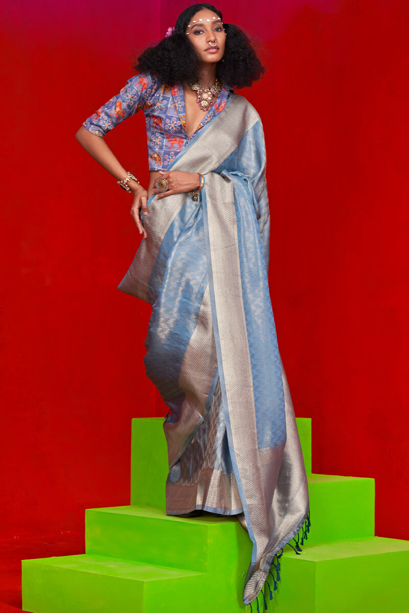 Steel Blue Banarasi Tissue Silk Saree