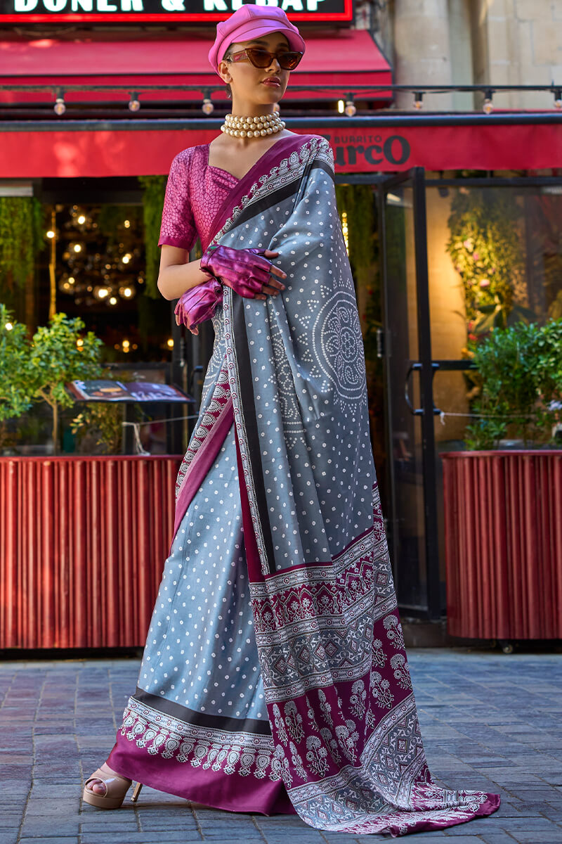 Steel Grey Printed Satin Silk Saree