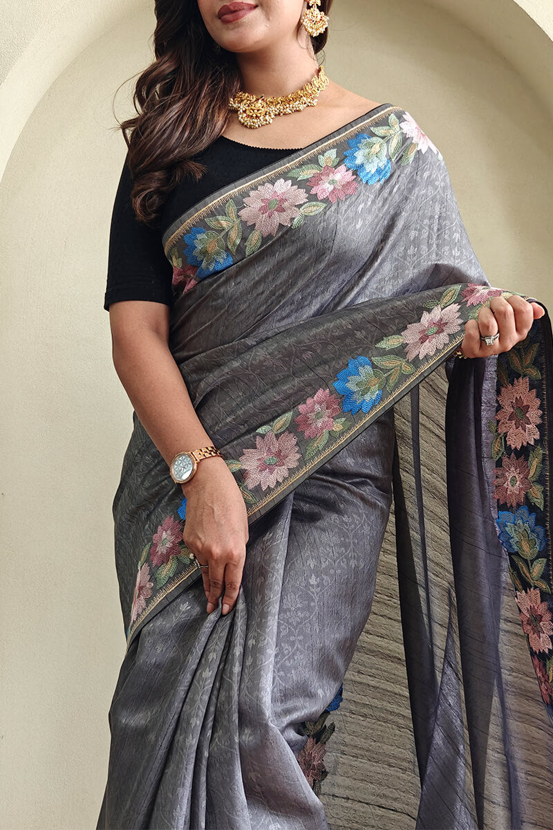 Storm Grey Contrast Color Embroidered Tussar Silk Saree