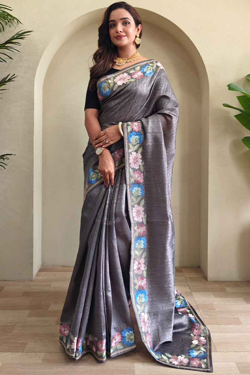 Storm Grey Contrast Color Embroidered Tussar Silk Saree