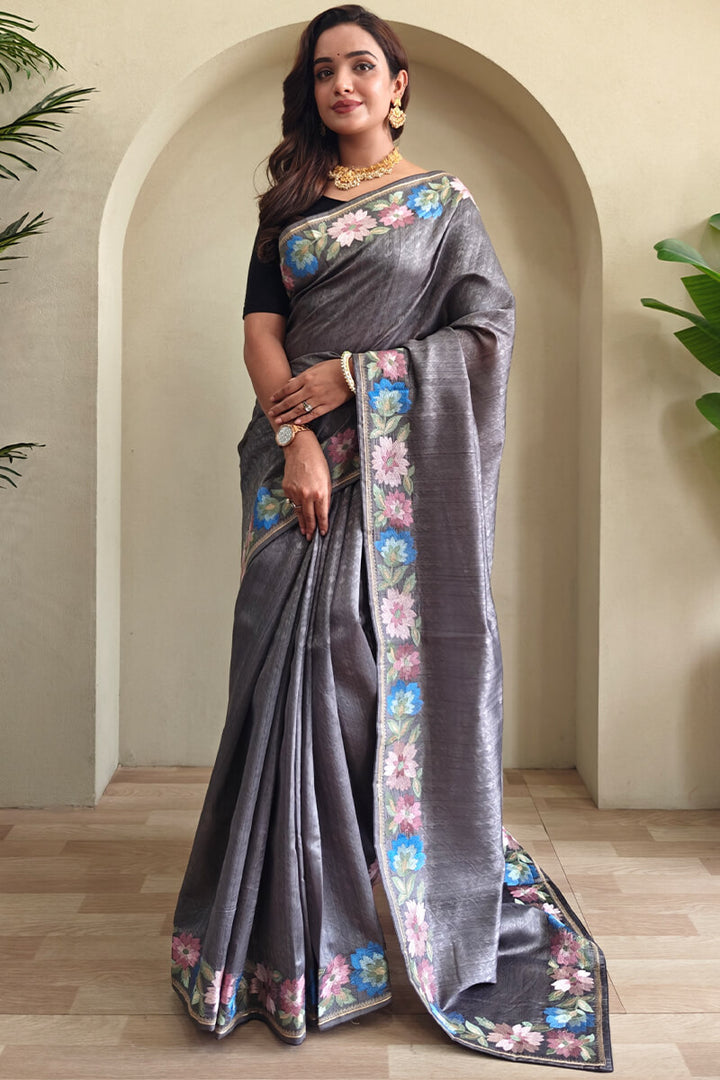 Storm Grey Contrast Color Embroidered Tussar Silk Saree