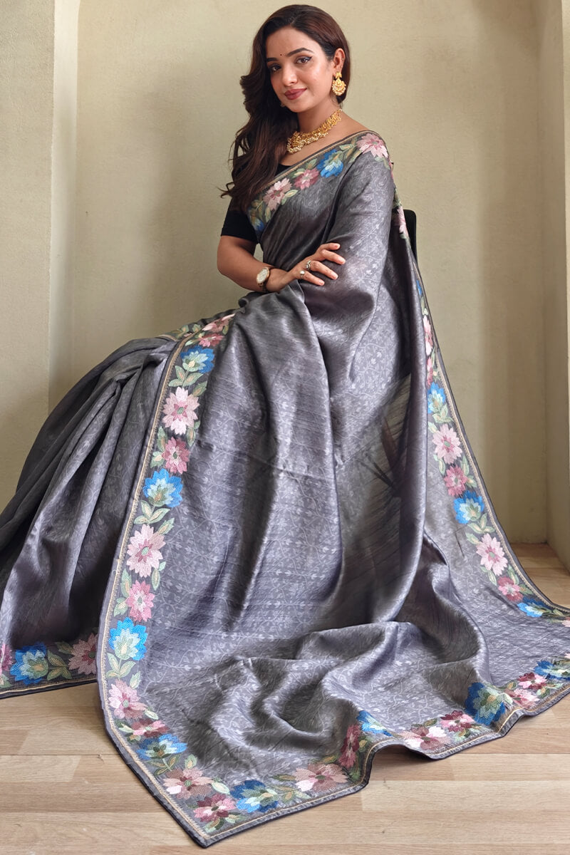 Storm Grey Contrast Color Embroidered Tussar Silk Saree