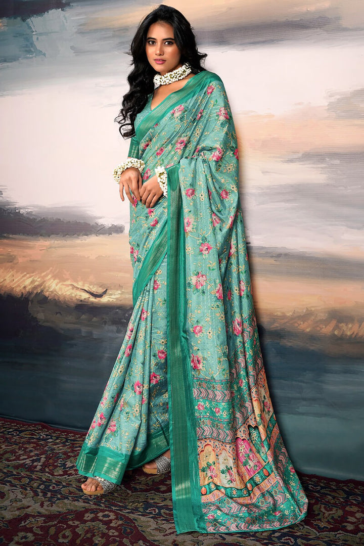 Summer Green Digital Printed Cotton Saree