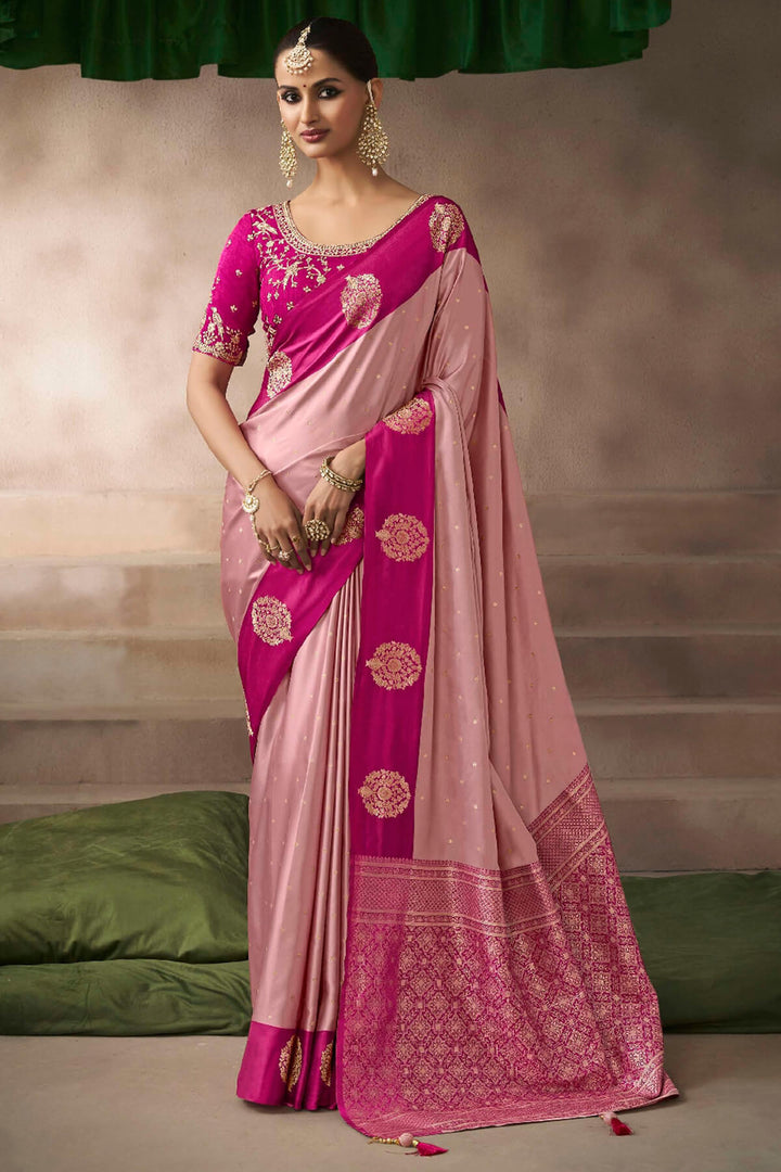 Sweet Pink Zari Woven Satin Silk Saree With Heavy Embroidery Blouse Piece