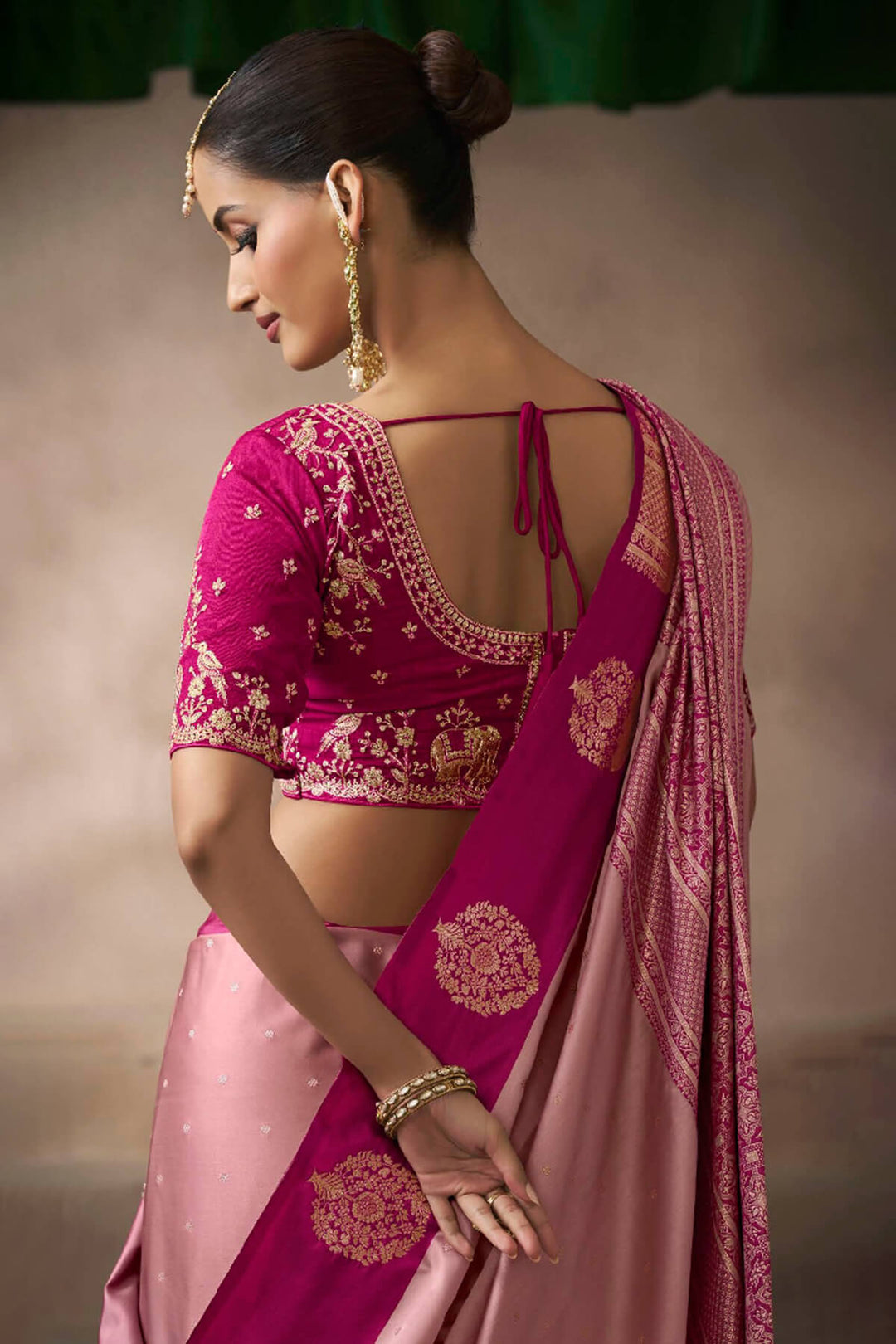 Sweet Pink Zari Woven Satin Silk Saree With Heavy Embroidery Blouse Piece