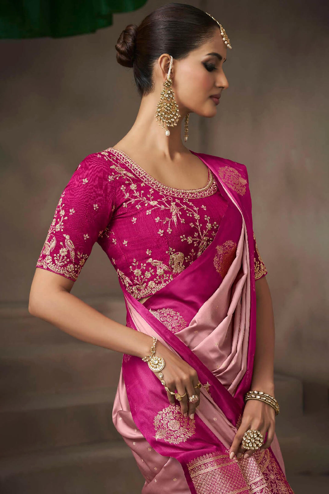 Sweet Pink Zari Woven Satin Silk Saree With Heavy Embroidery Blouse Piece