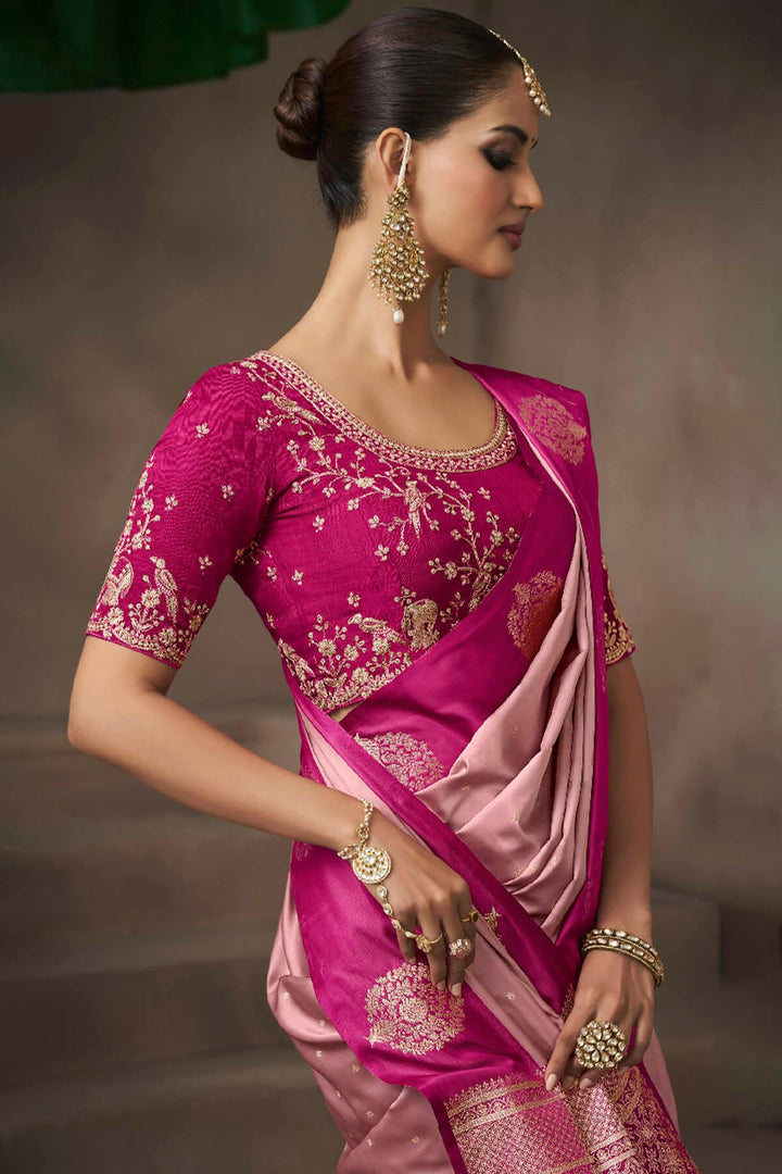 Sweet Pink Zari Woven Satin Silk Saree With Heavy Embroidery Blouse Piece