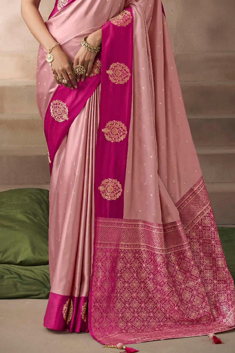 Sweet Pink Zari Woven Satin Silk Saree With Heavy Embroidery Blouse Piece