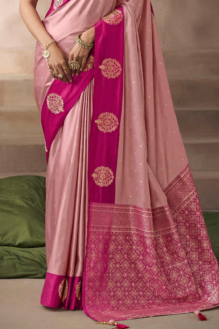Sweet Pink Zari Woven Satin Silk Saree With Heavy Embroidery Blouse Piece