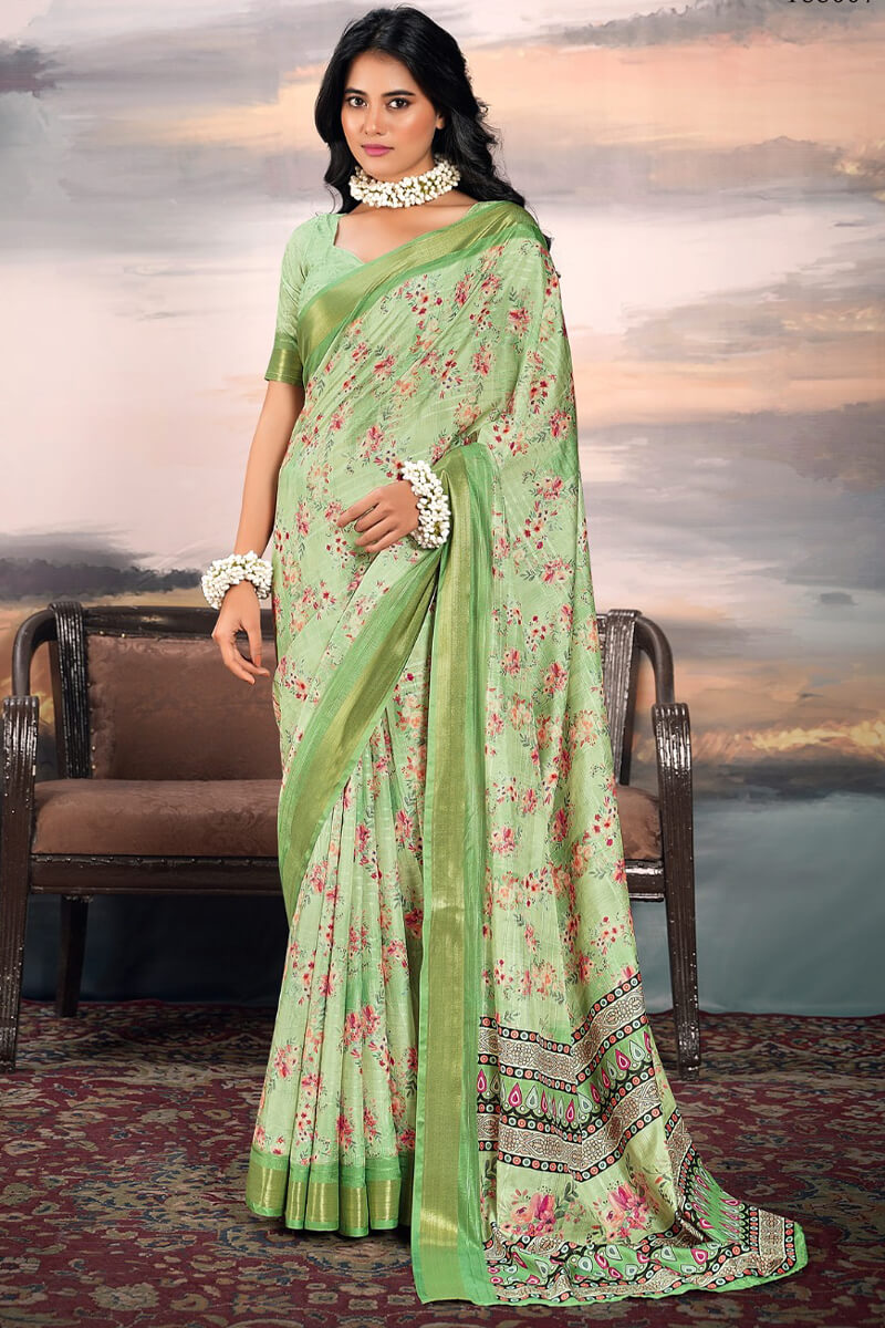 Tan Green Digital Printed Cotton Saree