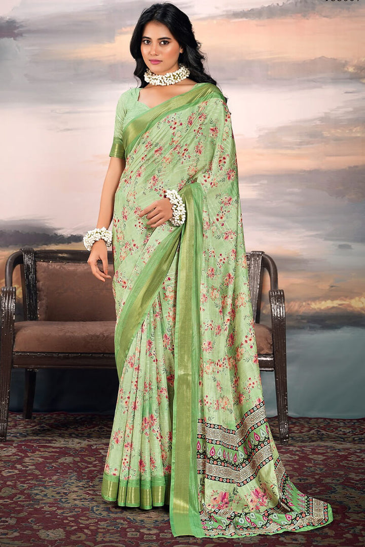 Tan Green Digital Printed Cotton Saree