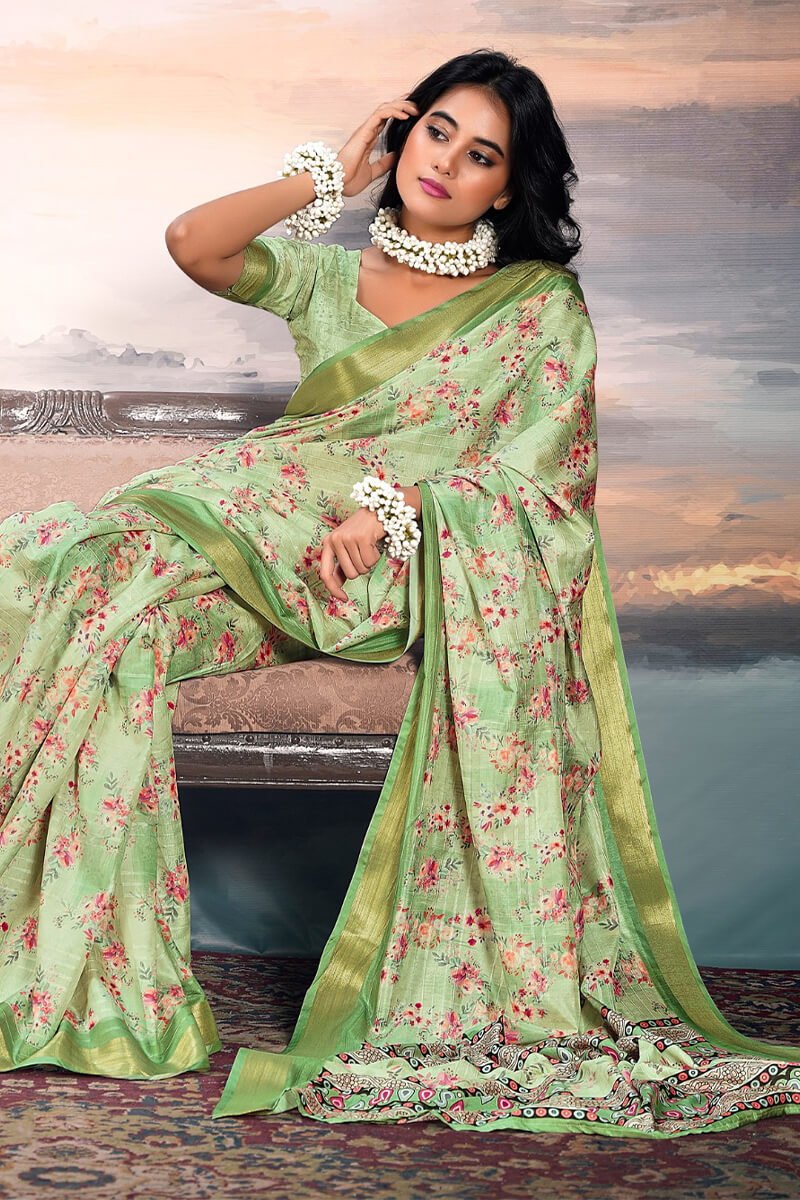 Tan Green Digital Printed Cotton Saree