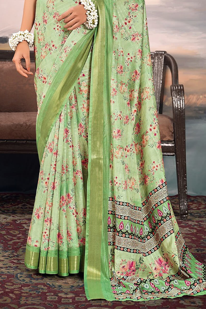 Tan Green Digital Printed Cotton Saree