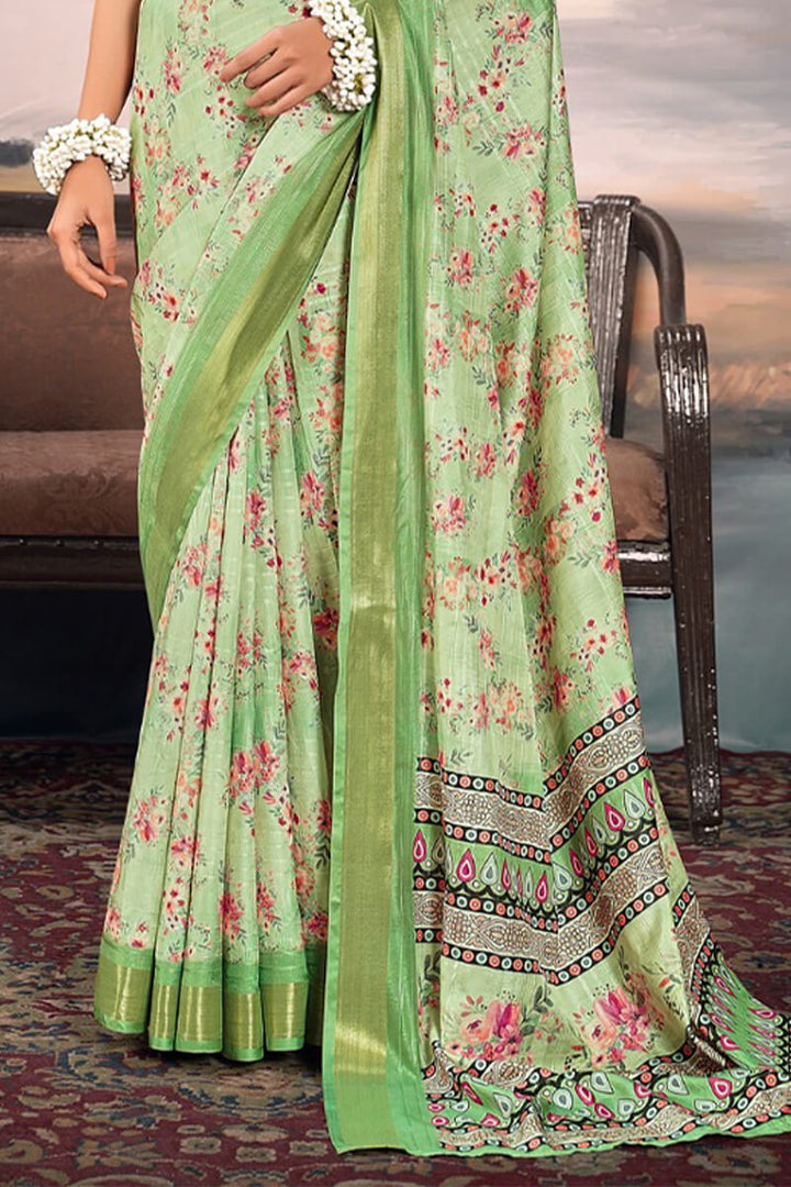 Tan Green Digital Printed Cotton Saree