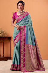 Teal Blue Zari Woven Satin Silk Saree