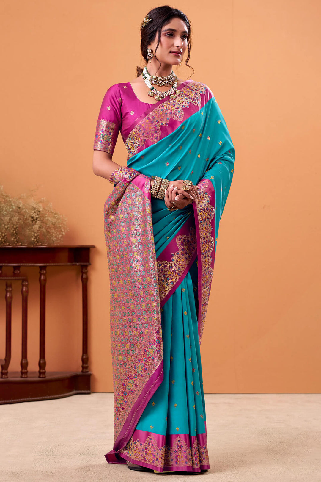 Teal Blue Zari Woven Satin Silk Saree
