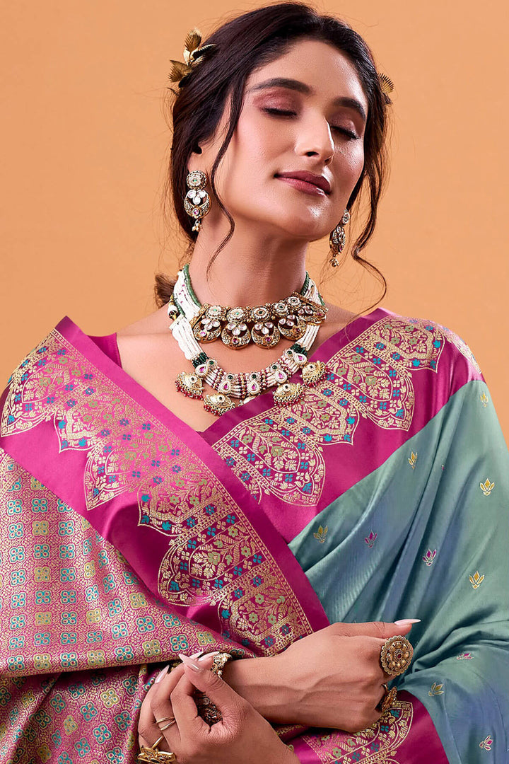 Teal Blue Zari Woven Satin Silk Saree