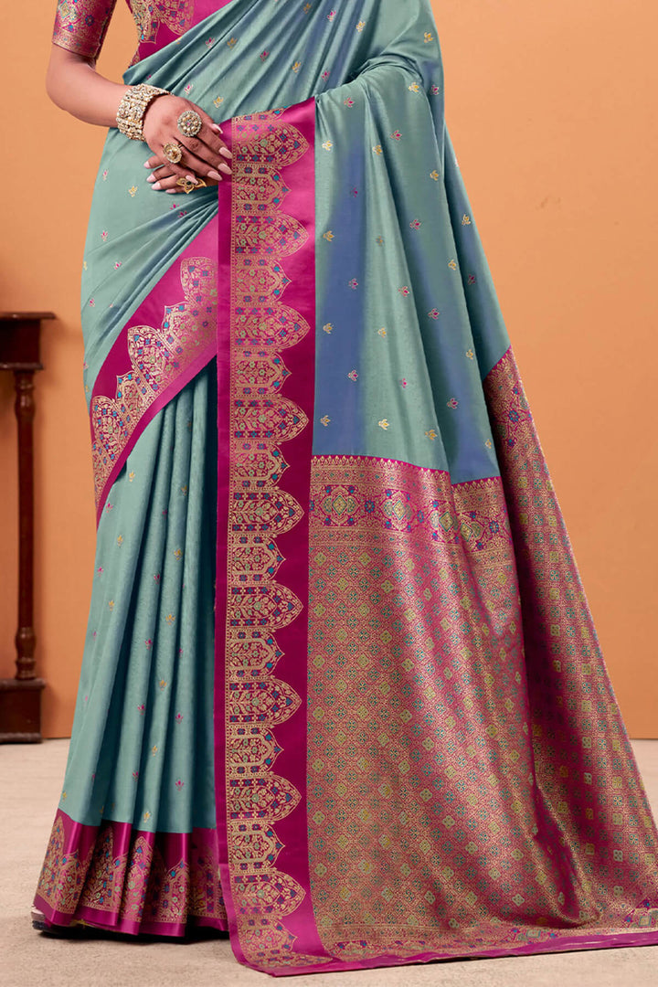 Teal Blue Zari Woven Satin Silk Saree