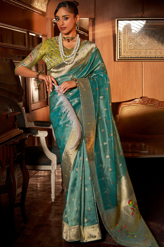 Teal Green Paithani Tissue Silk Saree With Embroidery Blouse