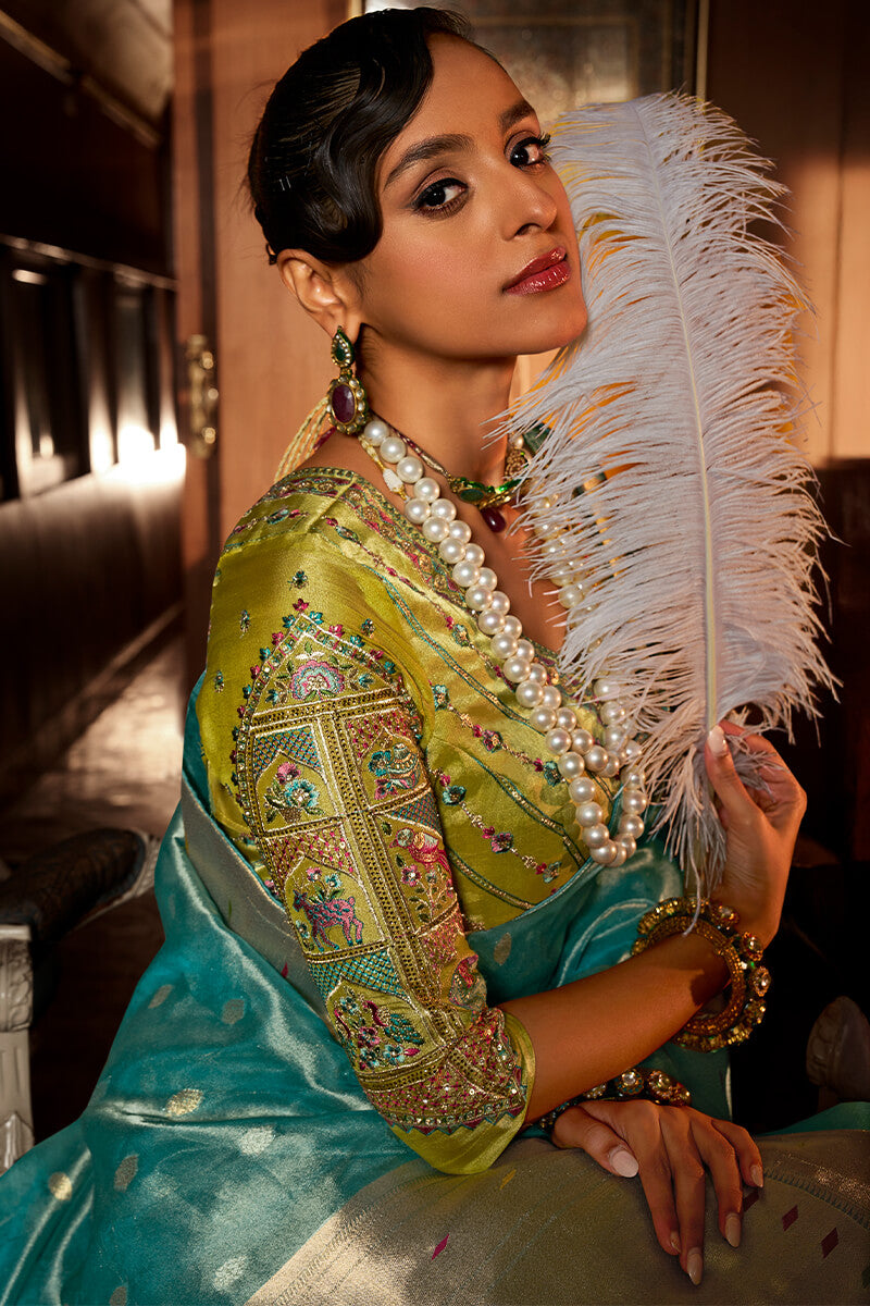 Teal Green Paithani Tissue Silk Saree With Embroidery Blouse