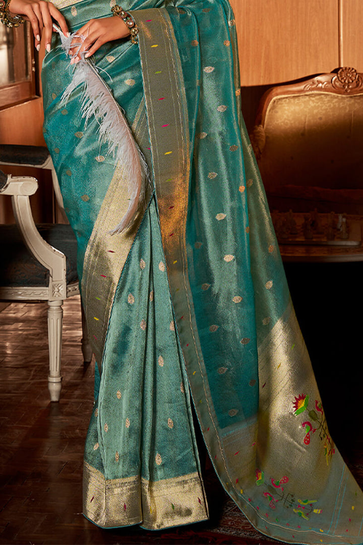 Teal Green Paithani Tissue Silk Saree With Embroidery Blouse