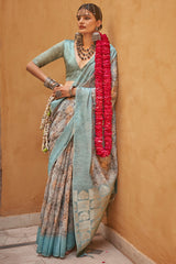 Thatch Beige Digital Printed Linen Silk Saree