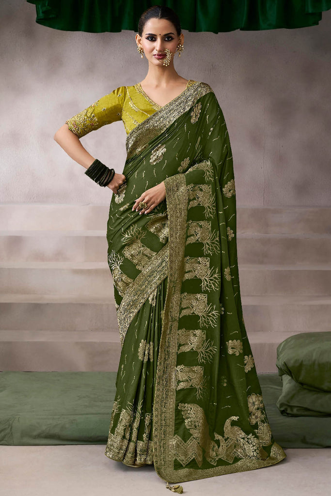 Thatch Green Zari Woven Pure Crape Silk Saree with Designer Blouse Piece