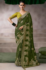 Thatch Green Zari Woven Pure Crape Silk Saree with Designer Blouse Piece