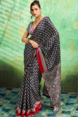 Thunder Black Ajrakh Printed Satin Silk Saree