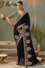 Thunder Black Gota Patti Embroidery Work Saree With Designer Blouse Piece