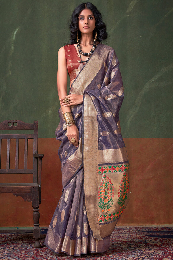Thunder Blue Paithani Tissue Silk Saree