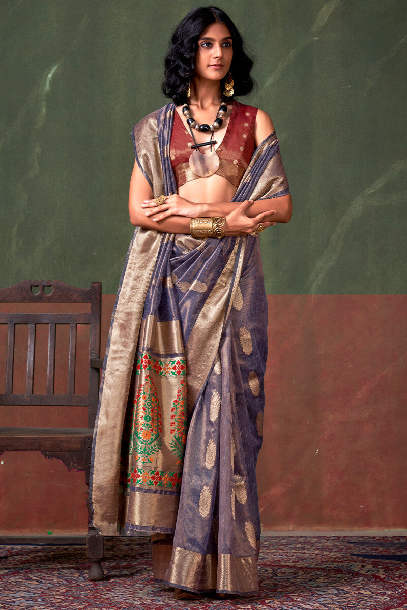 Thunder Blue Paithani Tissue Silk Saree