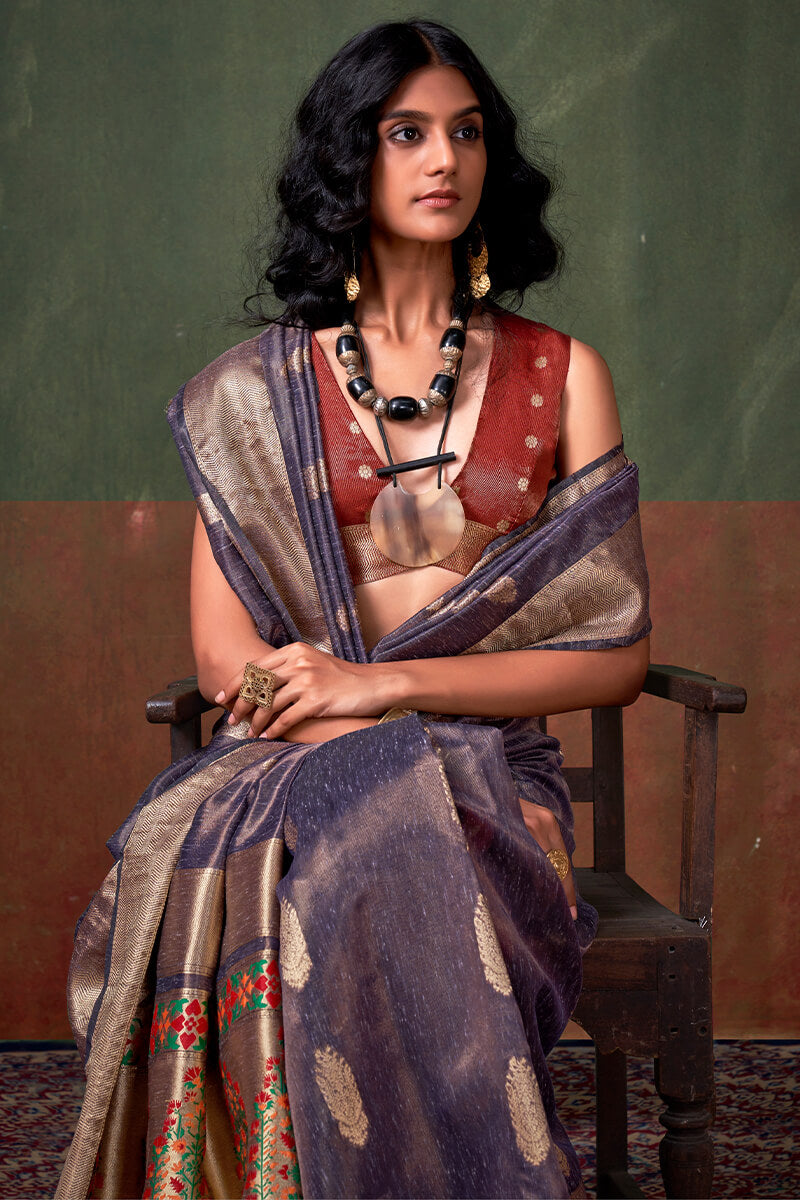 Thunder Blue Paithani Tissue Silk Saree