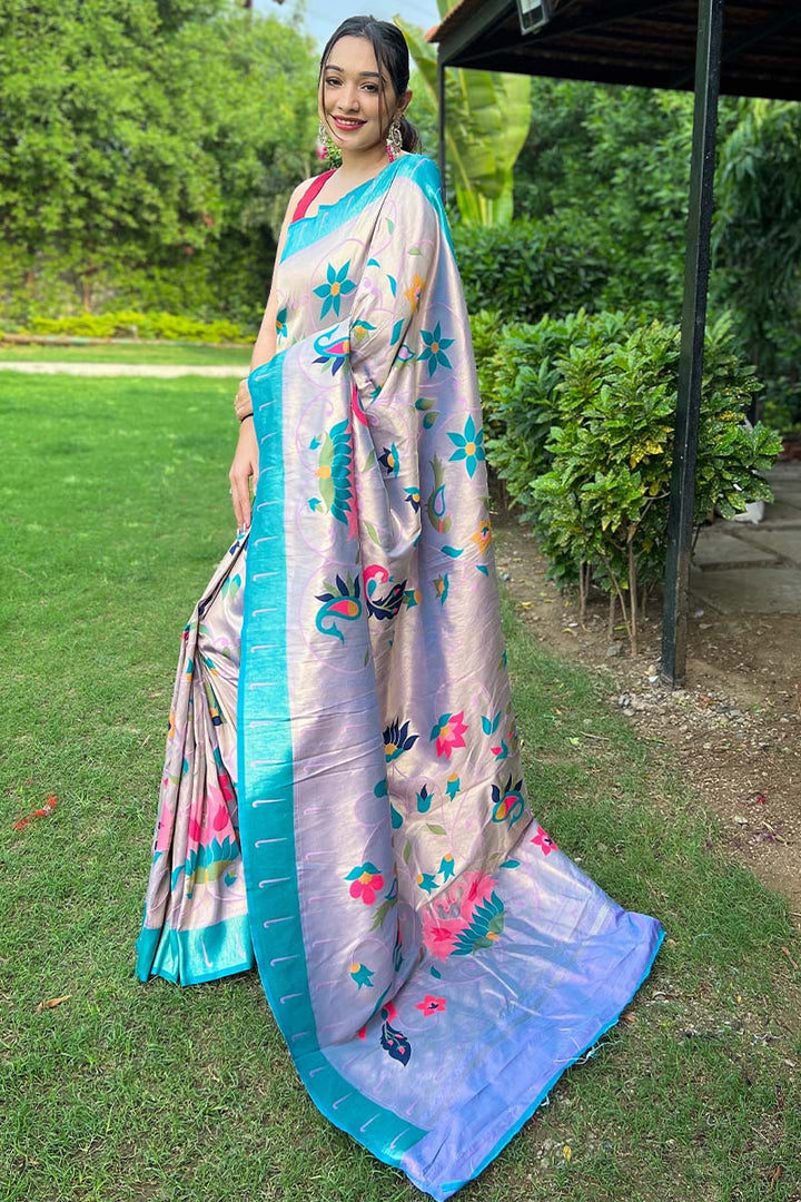 Tiffany Blue Zari Woven Paithani Silk Saree